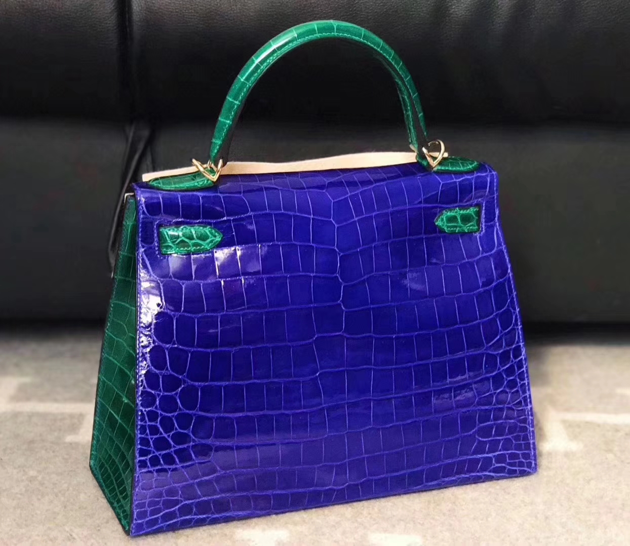 Luxury Hermes 7T Blue Electric/6Q Emerald Green Shiny Nilo Crocodile Kelly Bag28CM Gold Hardware