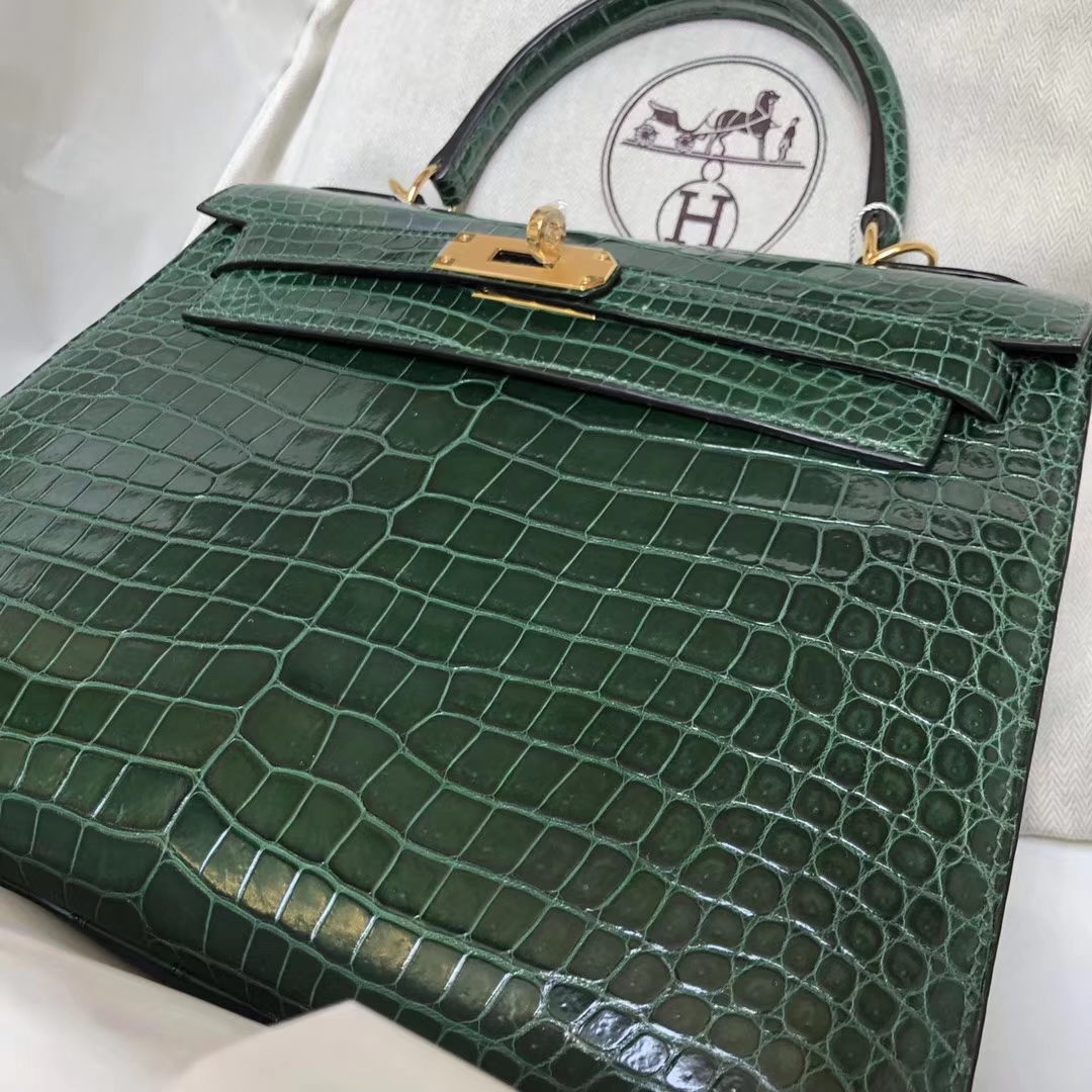 Discount Hermes CK67 Vert Fonce Shiny Crocodile Leather Kelly28CM Bag Gold Hardware