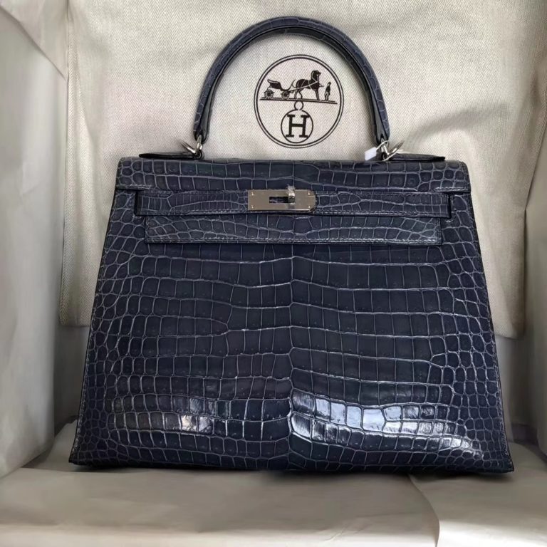 Hermes 7N Blue Tampete Shiny Crocodile Leather Kelly Bag 28CM Silver Hardware