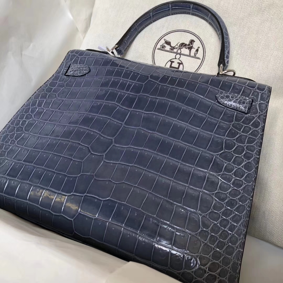 Wholesale Hermes 7N Blue Tampete Shiny Crocodile Leather Kelly Bag28CM Silver Hardware
