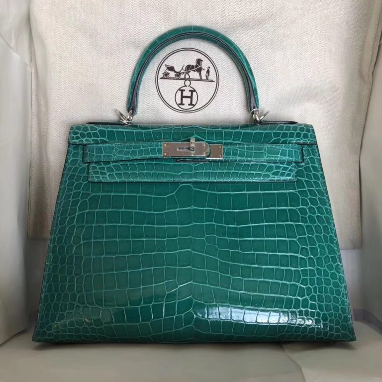 Hermes Shiny Crocodile Leather Kelly Bag 28CM in 6Q Emerald Green Silver Hardware