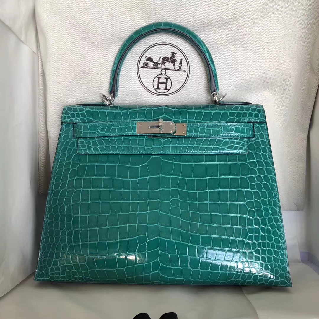 Luxury Hermes Shiny Crocodile Leather Kelly Bag28CM in 6Q Emerald Green Silver Hardware