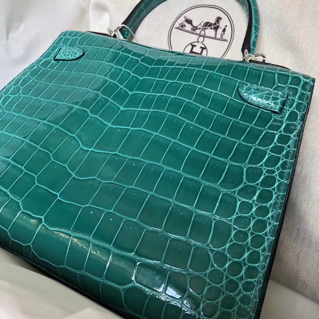 Luxury Hermes Shiny Crocodile Leather Kelly Bag28CM in 6Q Emerald Green Silver Hardware
