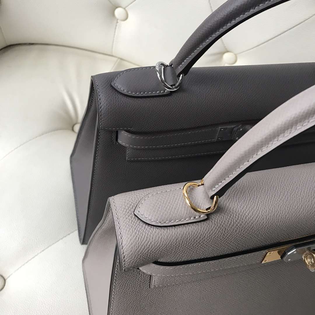 Fashion Hermes 8F Etain Grey/M8 Gris Ashpite  Epsom Calf Sellier Kelly Bag28CM
