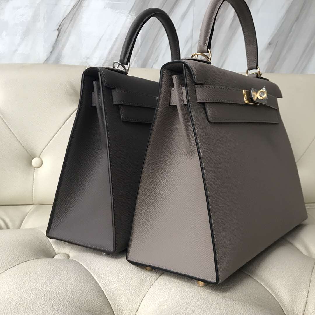 Fashion Hermes 8F Etain Grey/M8 Gris Ashpite  Epsom Calf Sellier Kelly Bag28CM