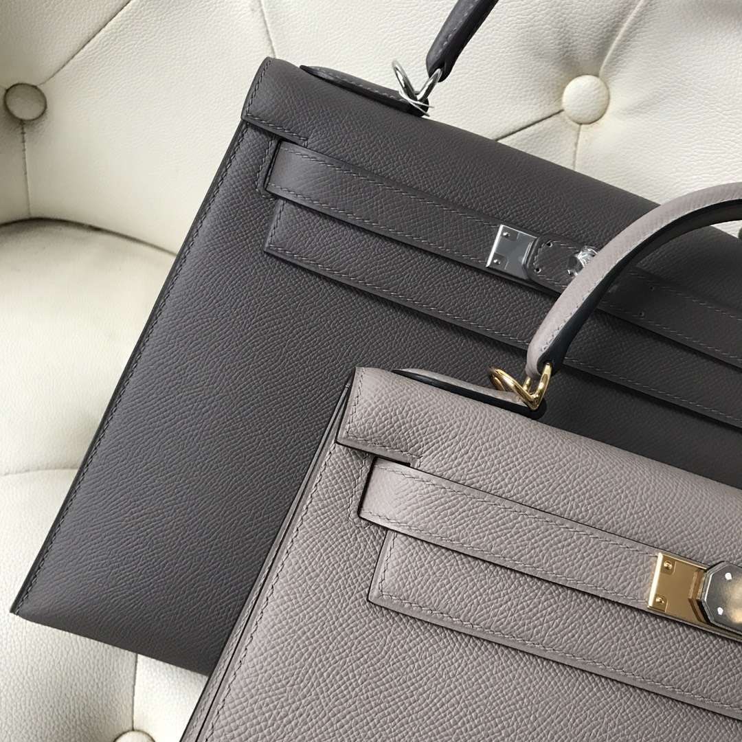 Fashion Hermes 8F Etain Grey/M8 Gris Ashpite  Epsom Calf Sellier Kelly Bag28CM