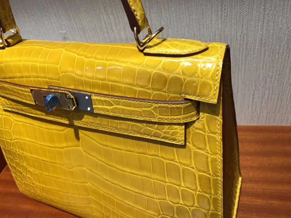Luxury Hermes Shiny Crocodile Kelly Bag28CM in 9D Ambre Yellow Gold Hardware