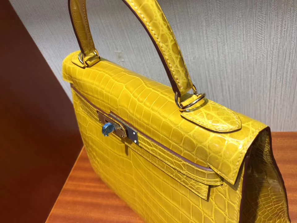 Luxury Hermes Shiny Crocodile Kelly Bag28CM in 9D Ambre Yellow Gold Hardware
