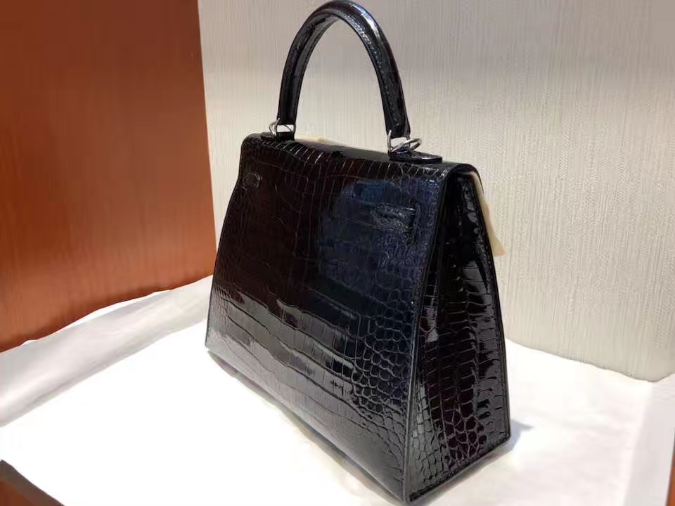 Elegant Hermes CK89 Noir Shiny Crocodile Leather Kelly28CM Handbag Silver Hardware