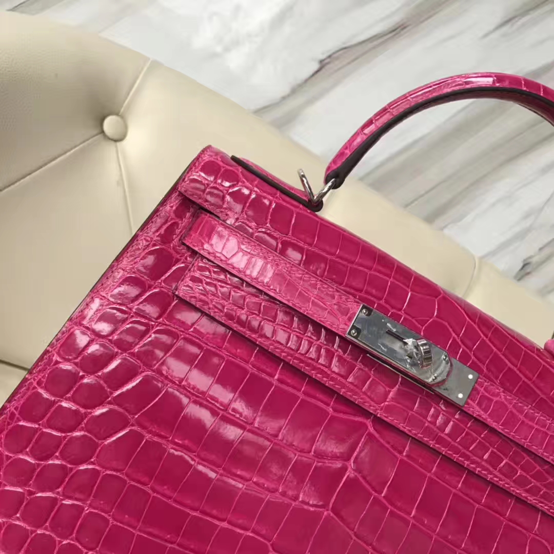Luxury Hermes Shiny Crocodile Leather Kelly28CM Bag in J5 Rose Scheherazade Silver Hardware