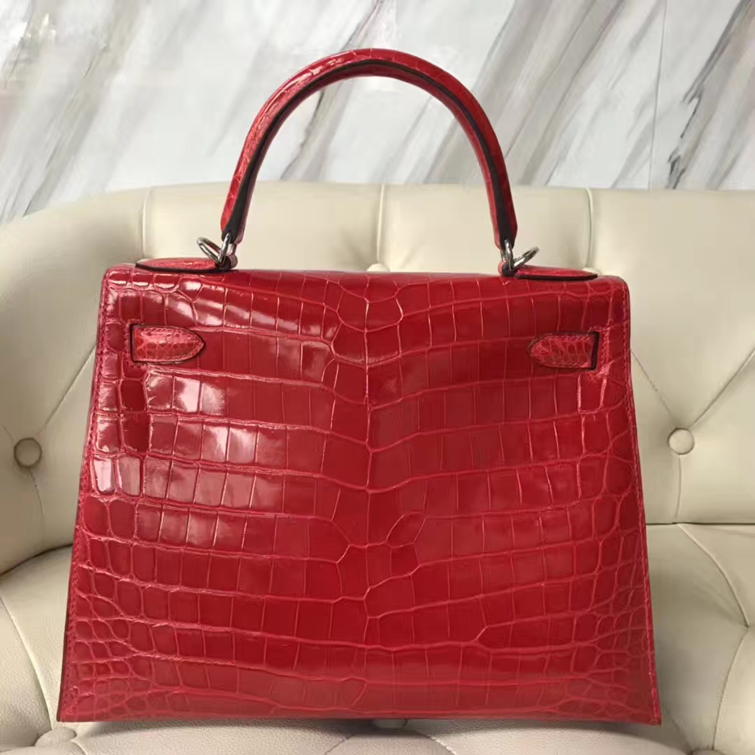 Sale Hermes Shiny Crocodile Kelly Bag28CM in CK95 Braise Silver Hardware