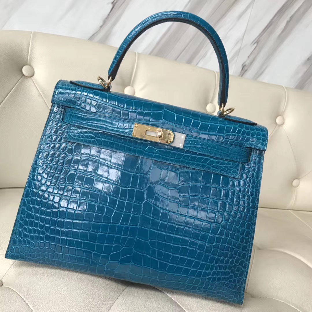 Luxury Hermes Porosus Shiny Crocodile Kelly28CM Tote Bag in 7W Blue Izmir Gold Hardware