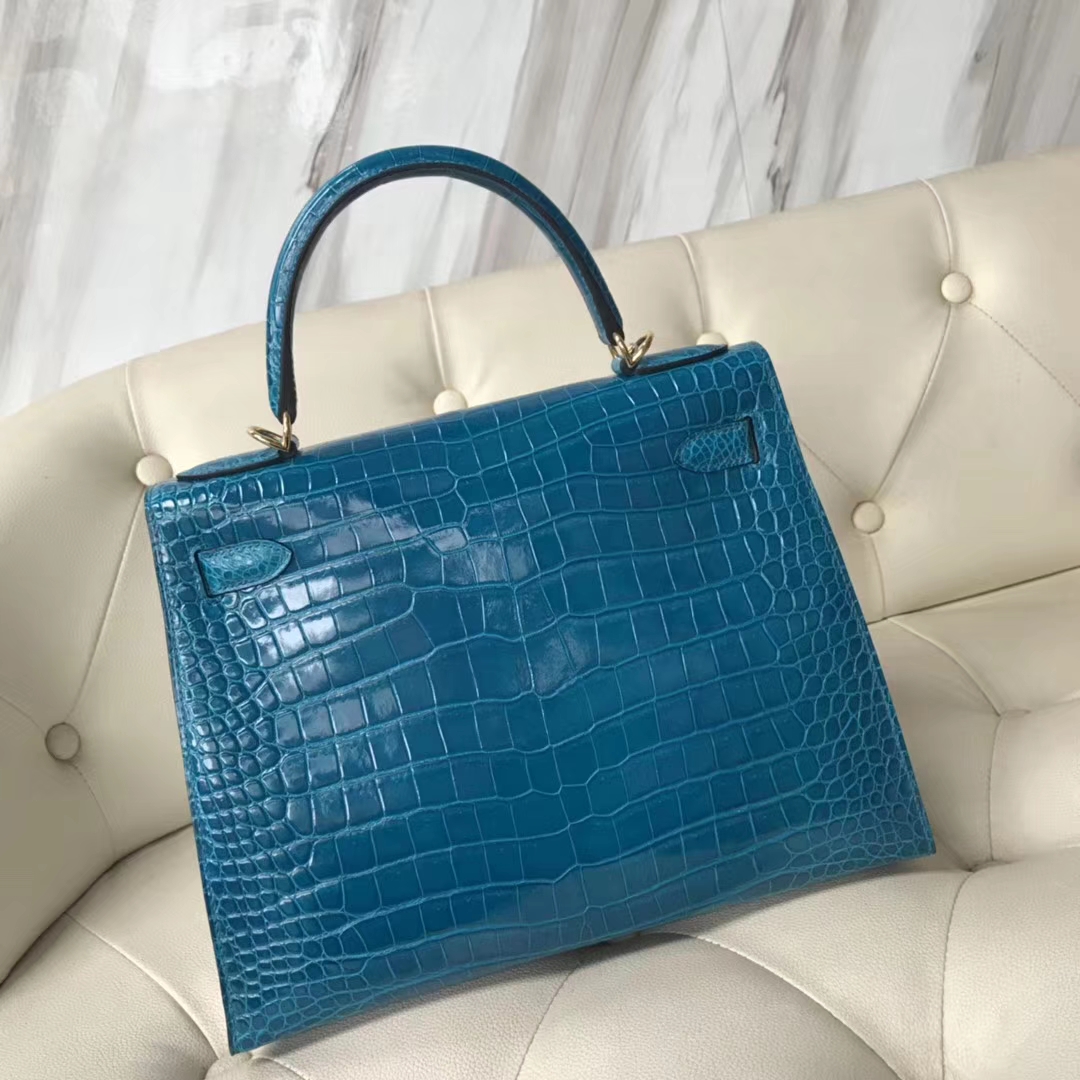 Luxury Hermes Porosus Shiny Crocodile Kelly28CM Tote Bag in 7W Blue Izmir Gold Hardware