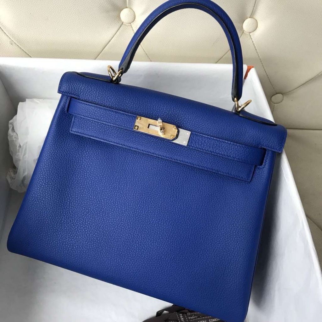 Fashion Hermes I7 Blue Zellige Togo Calf Kelly28CM Tote Bag Gold Hardware