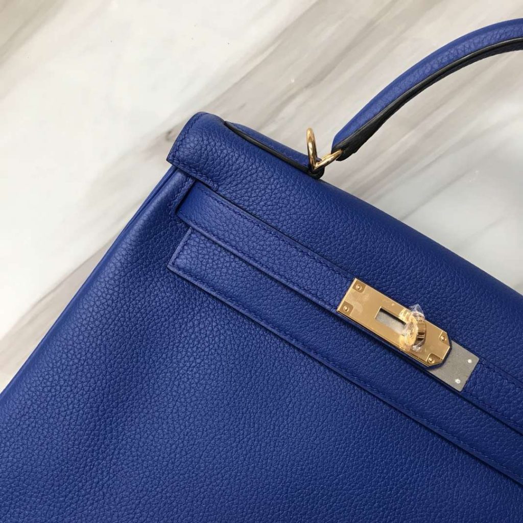 Fashion Hermes I7 Blue Zellige Togo Calf Kelly28CM Tote Bag Gold Hardware