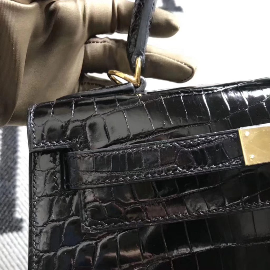 Fashion Hermes Black Shiny Crocodile Leather Sellier Kelly28CM Gold Hardware
