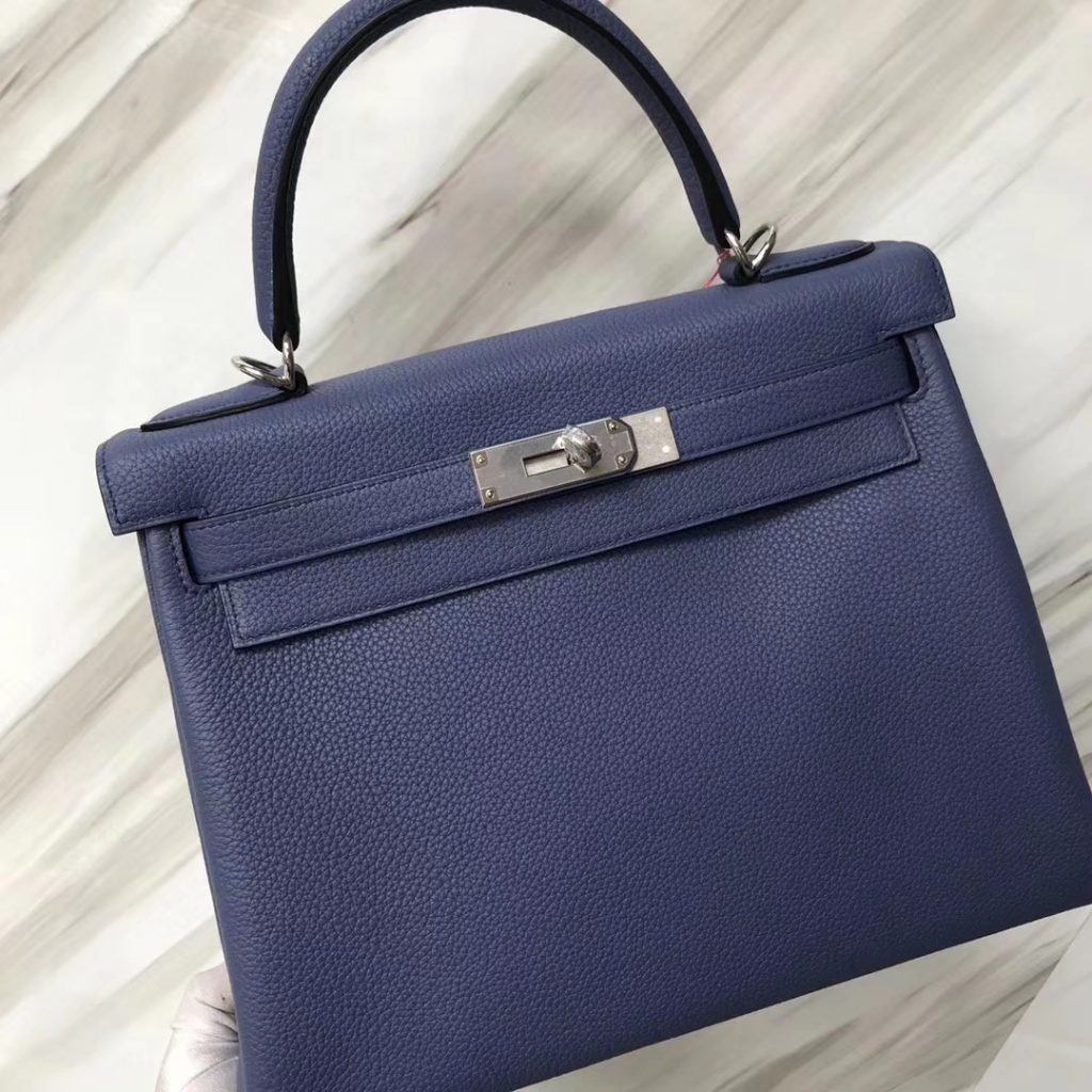 Wholesale Hermes 7E Blue Brigton Togo Calf Kelly28CM Women&#8217;s Tote Bag Silver Hardware