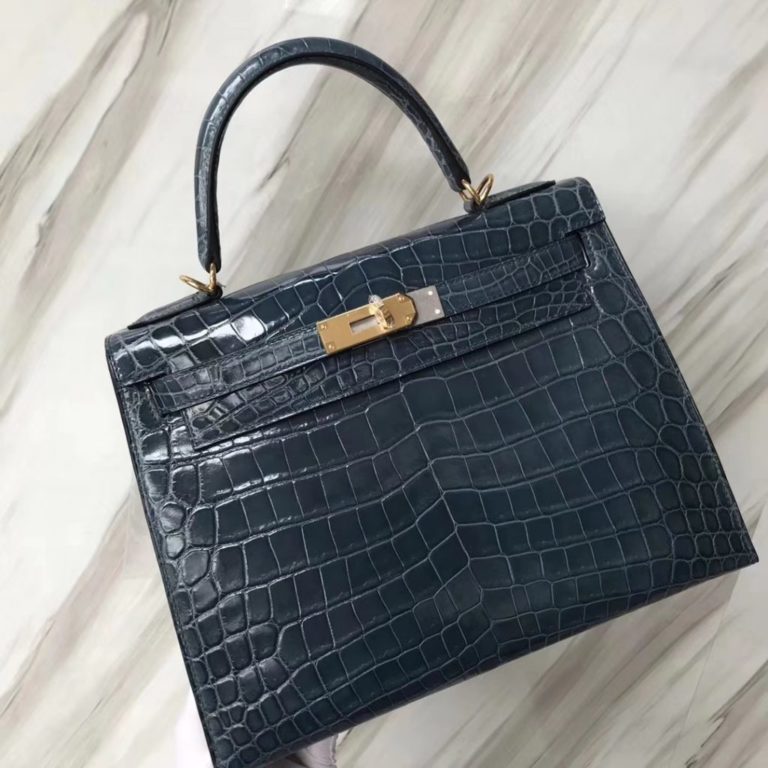 Hermes 1P Blue Colvert Shiny Crocodile Leather Sellier Kelly 28CM Tote Bag Gold Hardware