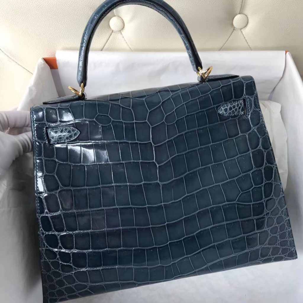 Discount Hermes 1P Blue Colvert Shiny Crocodile Leather Sellier Kelly28CM Tote Bag Gold Hardware