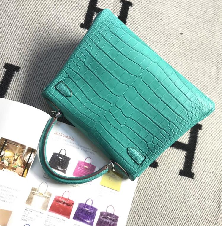 Stock Hermes 7F Blue Paon Crocodile Matt Kelly28CM Bag Silver Hardware