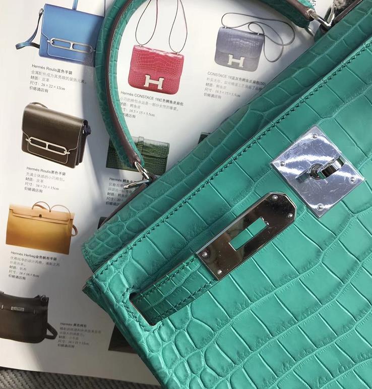 Stock Hermes 7F Blue Paon Crocodile Matt Kelly28CM Bag Silver Hardware