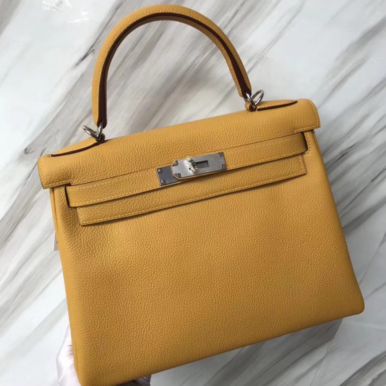 Hermes 9D Ambre Yellow Togo Calf Kelly 28CM Bag Silver/Gold Hardware