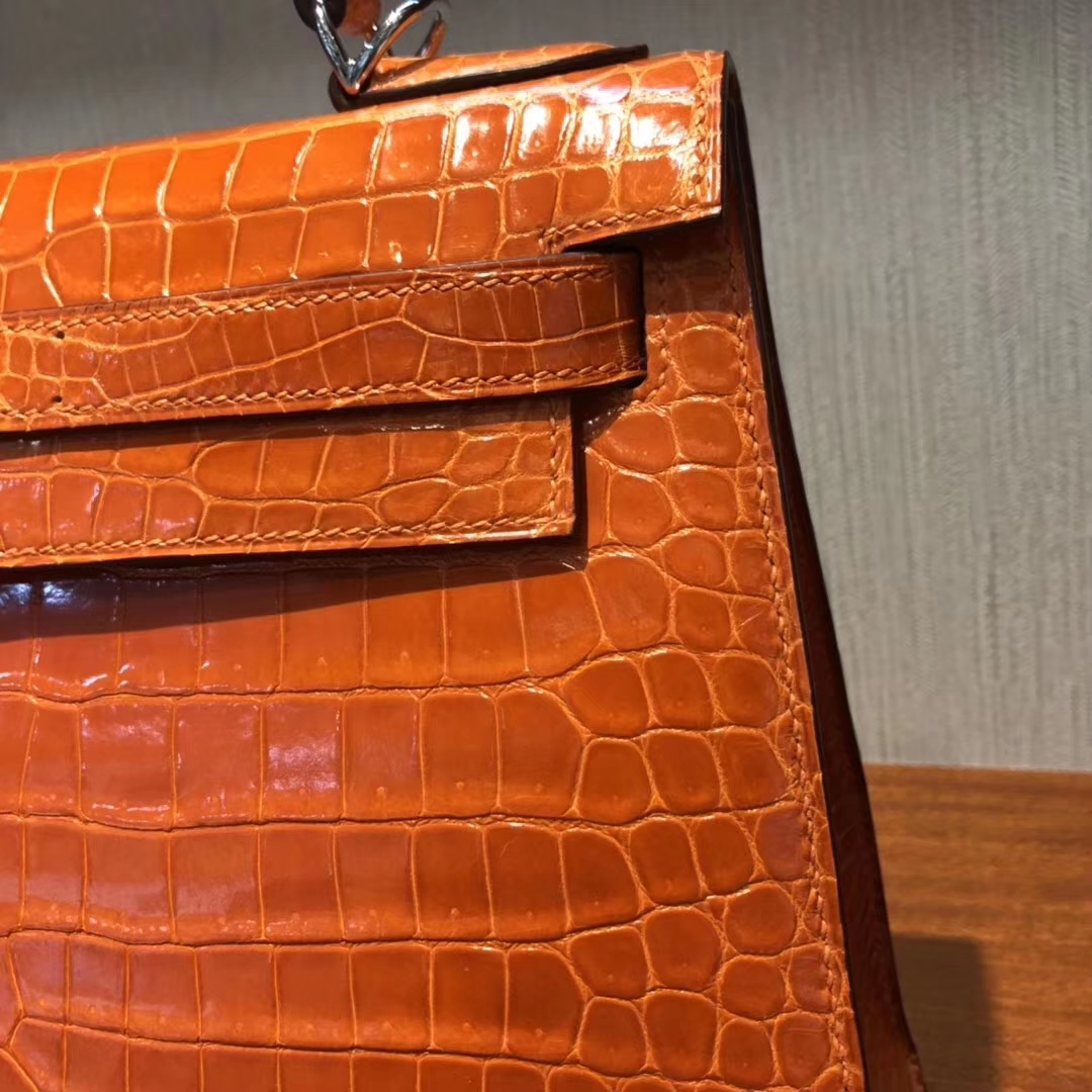 Stock New Hermes Shiny Crocodile Sellier Kelly Bag28CM in Orange Silver Hardware