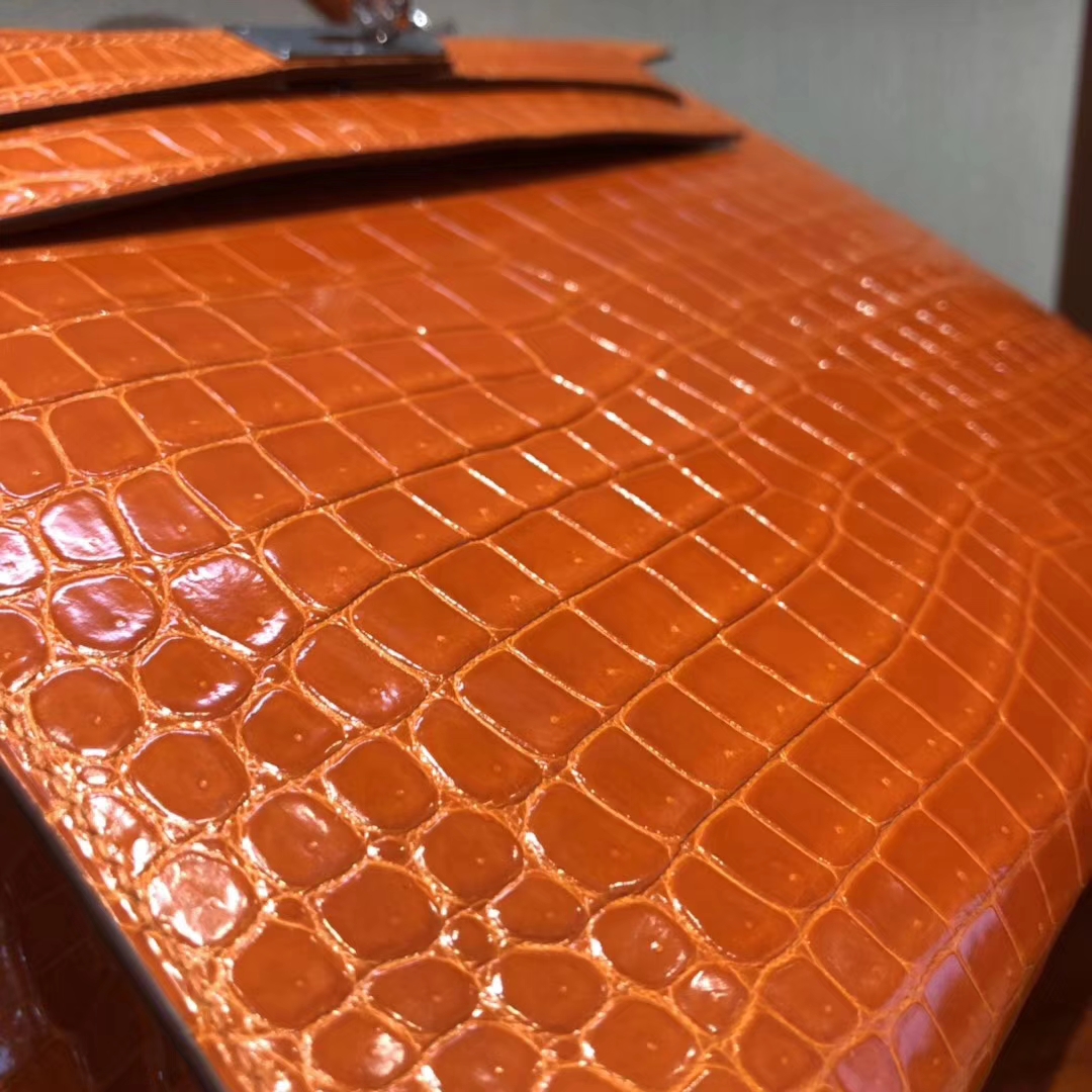Stock New Hermes Shiny Crocodile Sellier Kelly Bag28CM in Orange Silver Hardware