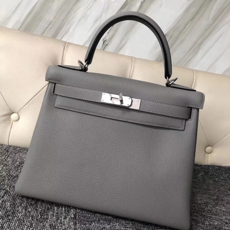 Hermes Togo Calf Kelly 28CM Tote Bag in 4Z Gris Mouette Silver Hardware