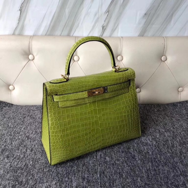 Hermes 6R Vert Kiwi Shiny Crocodile Kelly Bag 28CM Gold Hardware