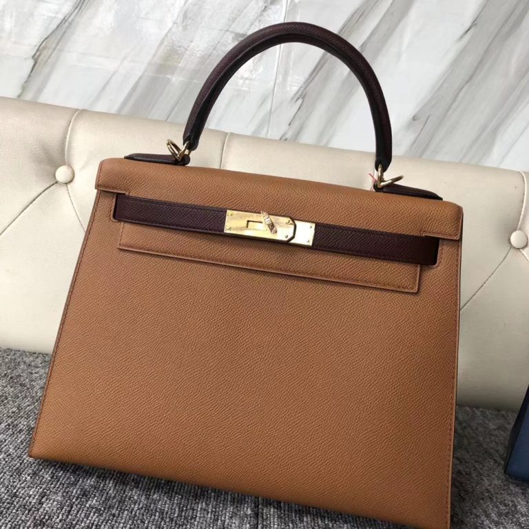 Hermes Epsom Kelly 28CM Bag in CK37 Gold/CK57 Bordeaux Gold Hardware