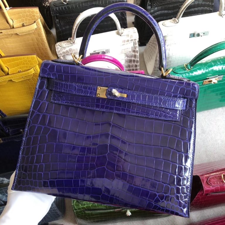 Hermes Shiny Crocodile Kelly 28CM Bag in 7T Blue Electric Gold Hardware