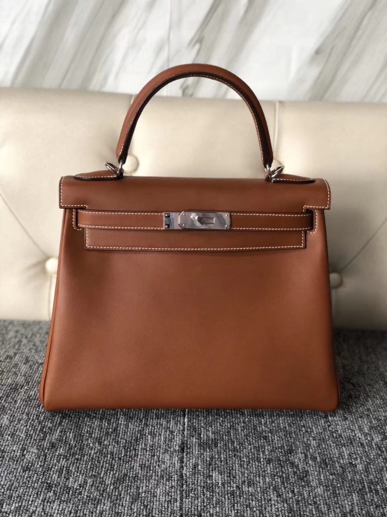 Hermes Gold Bareniz Natural Kelly 28CM Bag Silver Hardware