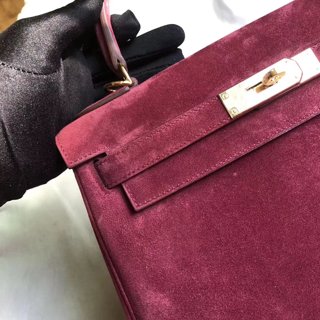 Fashion Hermes Suede Leather Kelly28CM Bag K1 Rouge Grenade Gold Hardware