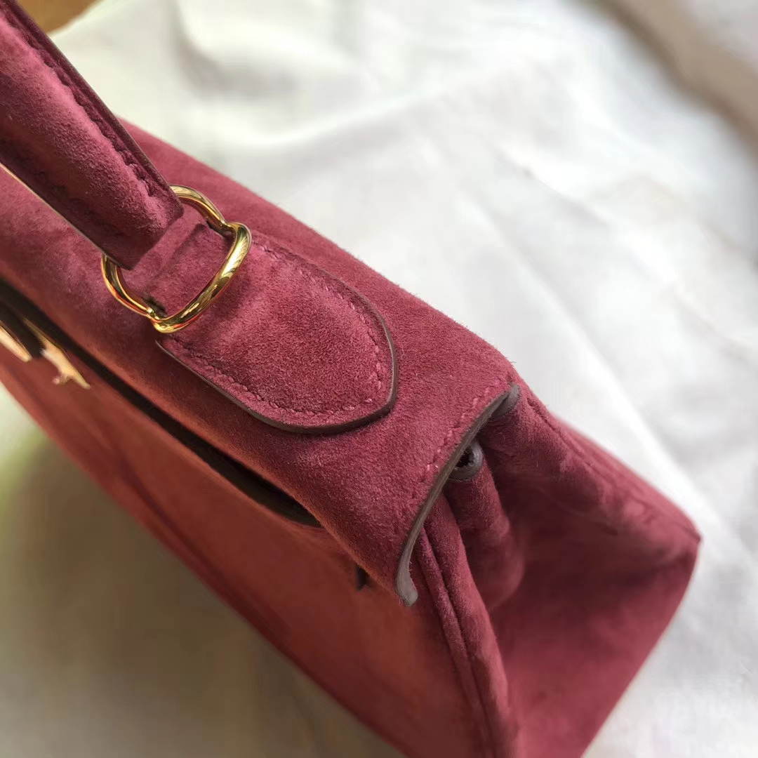 Fashion Hermes Suede Leather Kelly28CM Bag K1 Rouge Grenade Gold Hardware