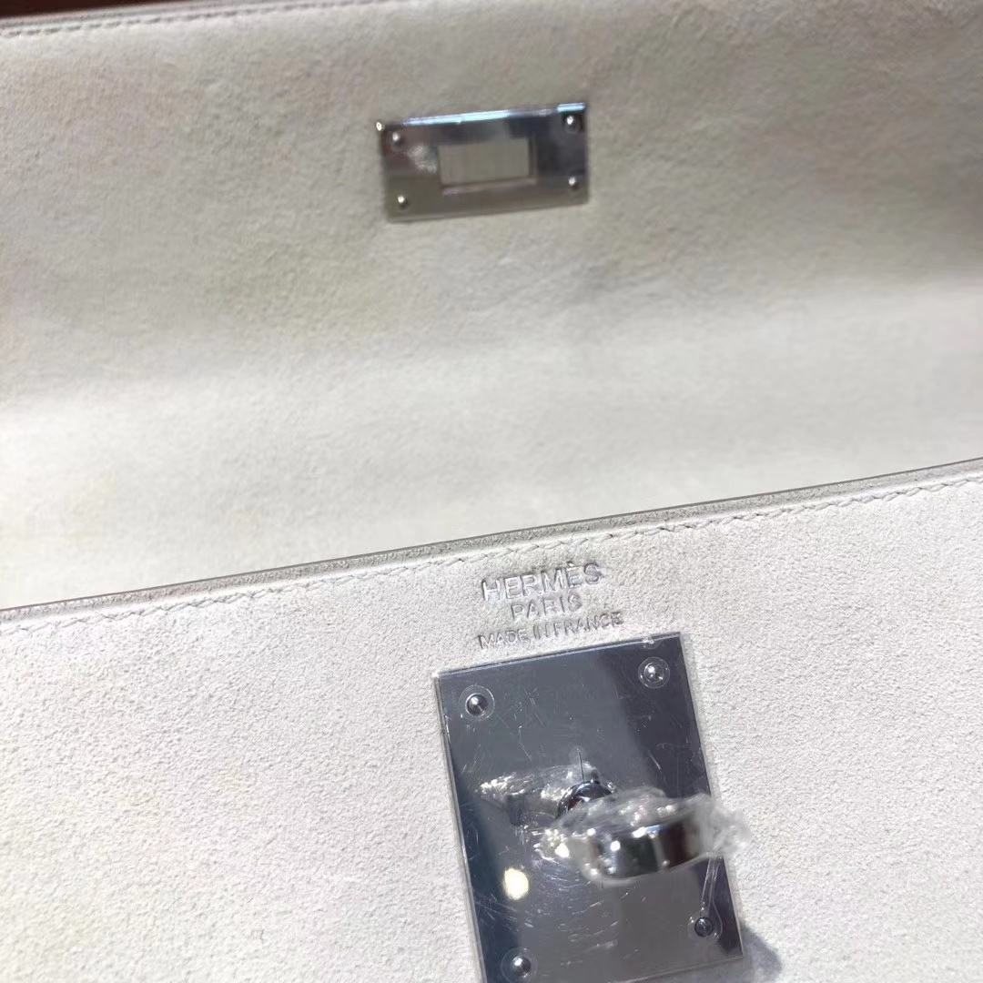 Stock Hermes CK10 Craie White Suede Kelly28CM Bag Silver Hardware