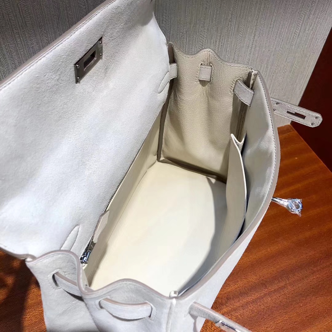 Stock Hermes CK10 Craie White Suede Kelly28CM Bag Silver Hardware